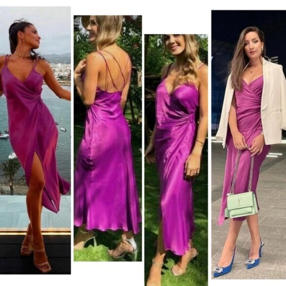 Zara purple Satin effect slip dress sweetheart spaghetti strap faux wrap Sz L - Picture 5 of 16